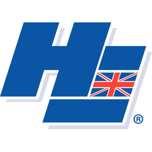 H. e. services logo - small version of the blue and red logo